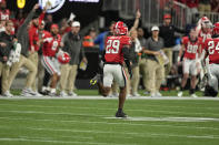 Georgia defensive back Christopher Smith II (29) runs in for touchdown after a blocked LSU field goal attempt in the first half of the Southeastern Conference championship NCAA college football game, Saturday, Dec. 3, 2022, in Atlanta. (AP Photo/Brynn Anderson)