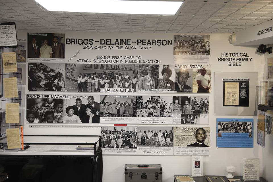 A display on the case that spurred the end of legal segregation in the United States is shown at South Carolina civil rights photographer Cecil Williams' museum, the only civil rights museum in the state, on Tuesday, Dec. 12, 2023, in Orangeburg, South Carolina. (AP Photo/Jeffrey Collins)