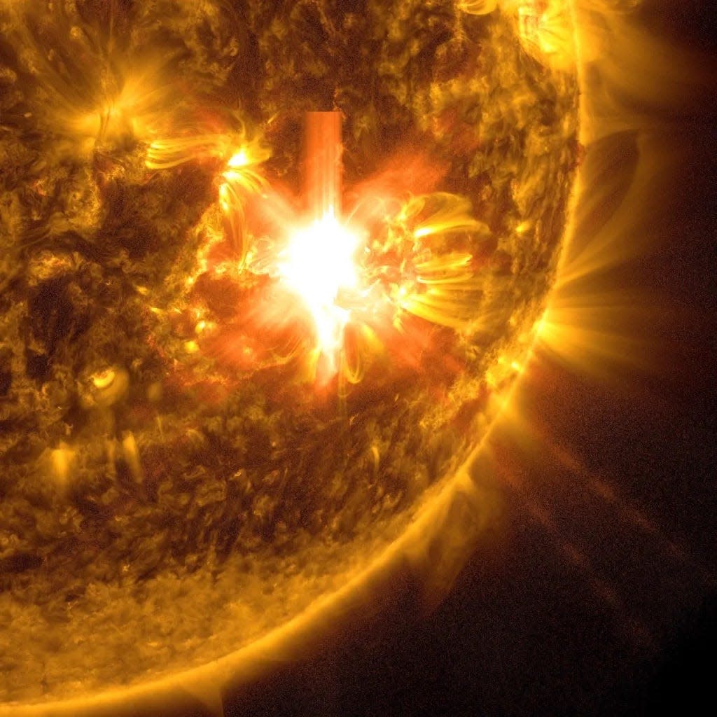 NASA’s Solar Dynamics Observatory captured this image of a solar flare on May 10. A subset of extreme ultraviolet light highlights the extremely hot material in flares.