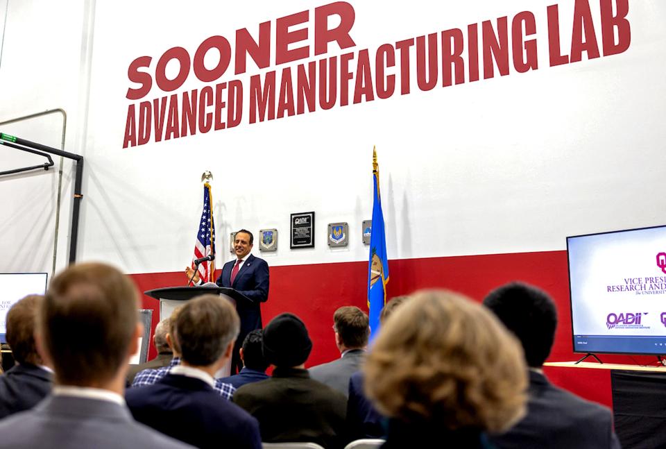 University of Oklahoma President Joseph Harroz Jr. speaks to government, military and defense industry leaders attending a grand opening event for OU's new Sooner Advanced Manufacturing Lab.