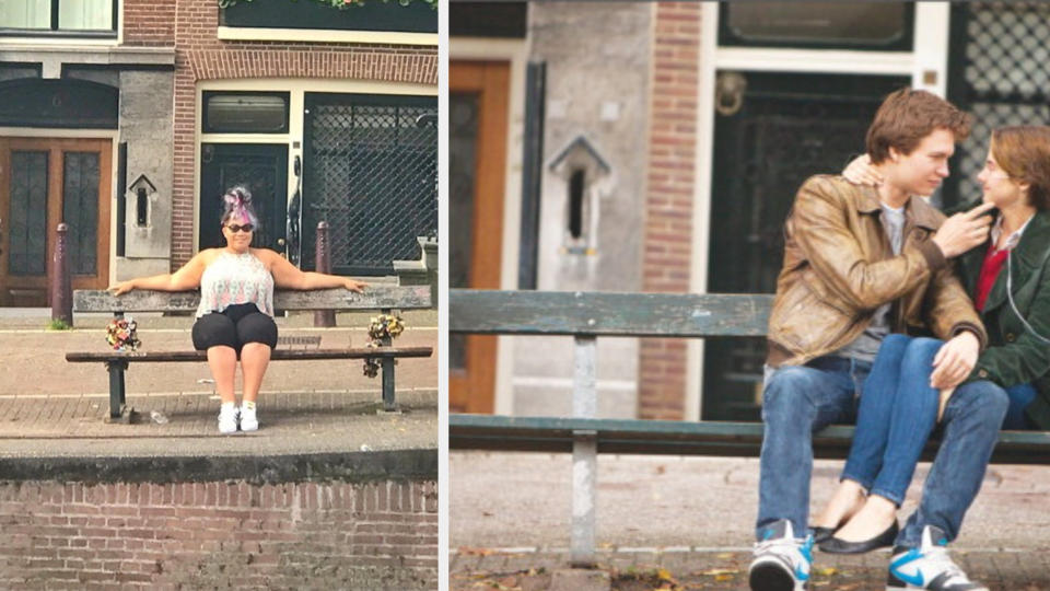 A woman is sitting on a bench on the left with a couple on the right on an Amsterdam street