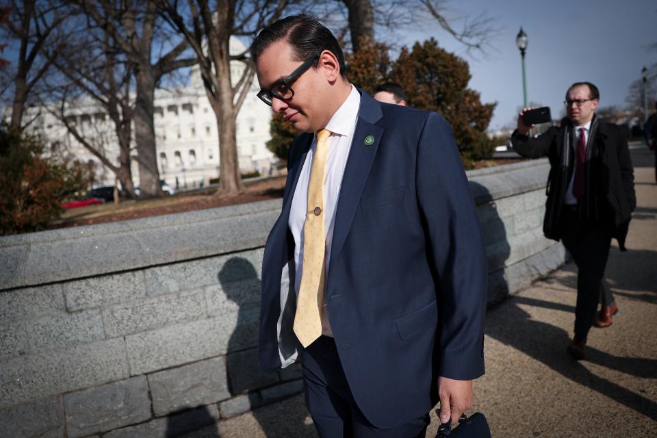 Rep. George Santos, R-N.Y., leaves the U.S. Capitol on Jan. 12, 2023.