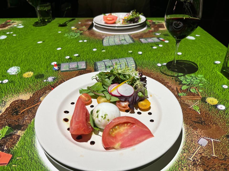 The table at Le Petit Chef lit up green, with a white plate topped with salad