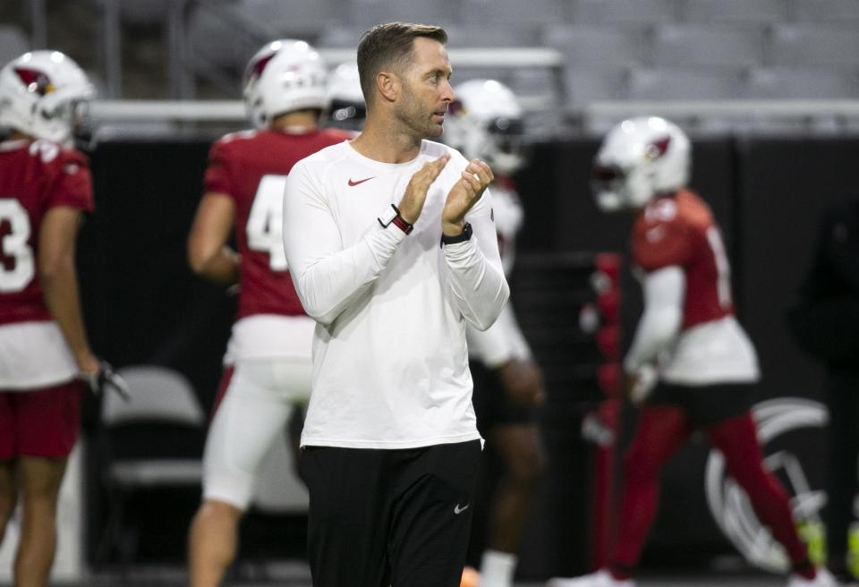 Cardinals head coach Kliff Kingsbury looks on during Cardinals training camp at State Farm Stadium in Glendale on July 30, 2021.