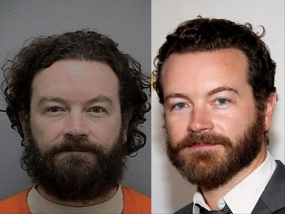 Danny Masterson mugshot in orange jump suit; Danny Masterson in a suit at an event.