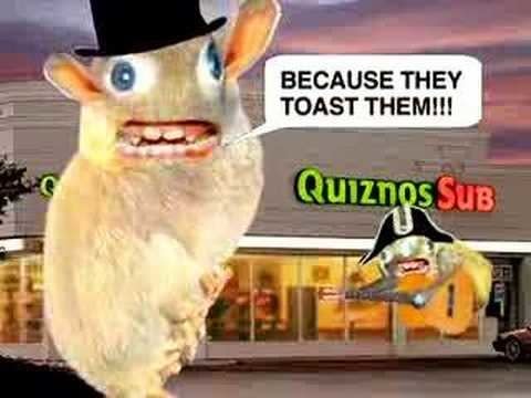 The Spongemonkeys singing "Because they toast them" in front of a Quiznos 