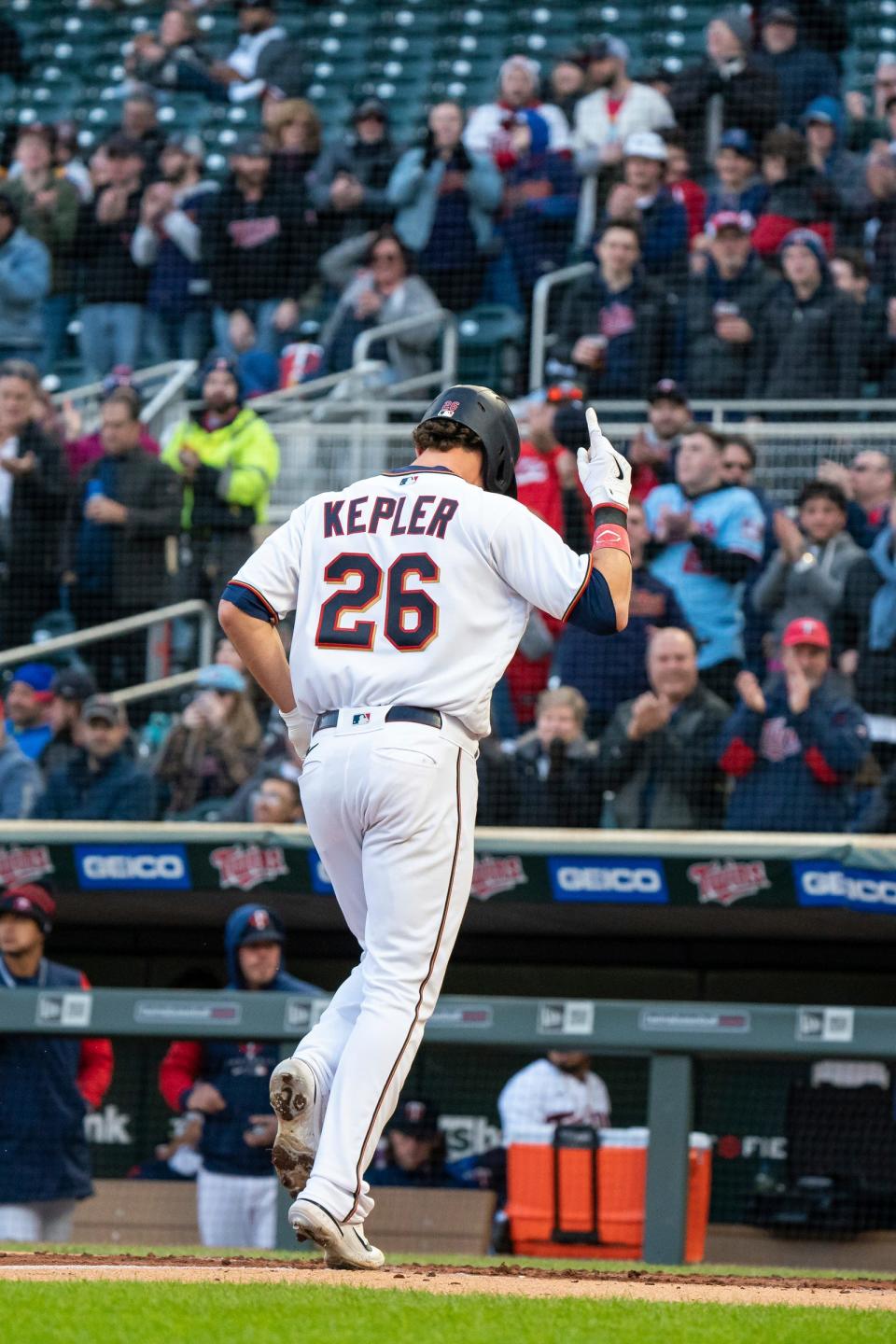 Twins right fielder Max Kepler celebrates after hitting a solo home run during the second inning on Wednesday, April 27, 2022, in Minneapolis.