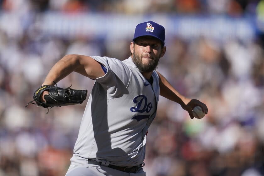 The Dodgers' Clayton Kershaw pitches against the San Francisco Giants during the fourth inning June 11, 2022.