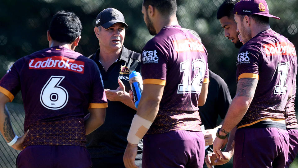 Anthony Seibold, pictured here speaking to Brisbane Broncos players at training.