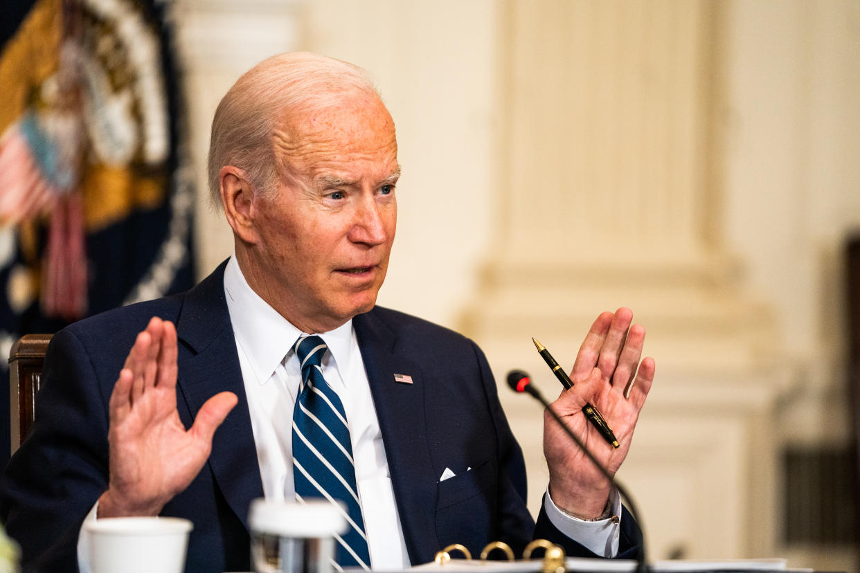 President Joe Biden during a meeting with Agency Inspectors General in the State Dining Room of The White House on Friday April 29, 2022.  (Photo by Demetrius Freeman/The Washington Post via Getty Images)