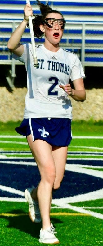Sophomore Charlotte De Tolla had five goals, including the100th point of her career, as the St. Thomas Aquinas girls lacrosse team beat Gilford Monday in a Division III contest.