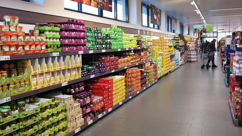 Shelves in an Aldi store