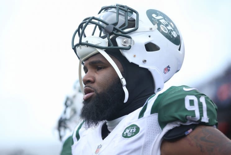 Sheldon Richardson #91 of the New York Jets will have to sit out the 2016 opener after a one-game suspension. (Photo by Tom Szczerbowski/Getty Images)