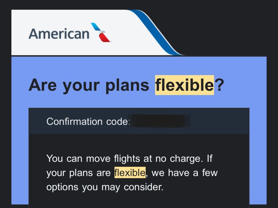 Screenshot from American asking if plans are flexible.