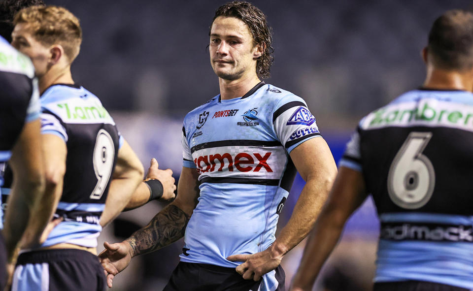 Nicholas Hynes, pictured here after Cronulla's loss to the Dolphins.
