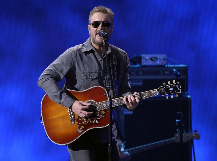 Eric Church performs a medley at the 57th Academy of Country Music Awards on Monday, March 7, 2022, at Allegiant Stadium in Las Vegas. (AP Photo/John Locher)