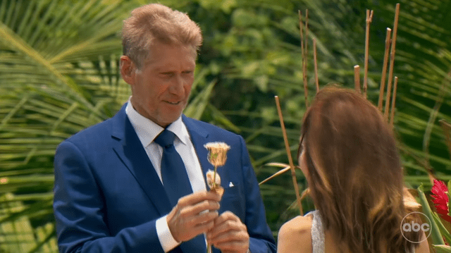 <p>ABC</p> Gerry hands Theresa the golden rose on 'The Golden Bachelor'