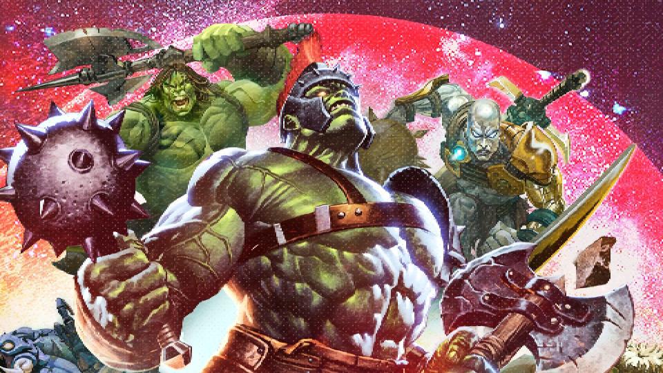 Planet Hulk, with Hulk wearing armor surrounded by other Hulk characters
