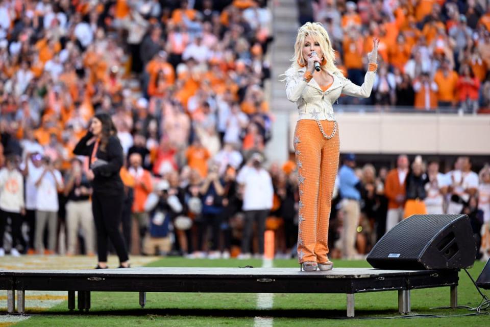 Dolly wore a more consevative outfit to perform at the Georgia vs. Tennessee game at Neyland Stadium on November 18 (Getty Images)