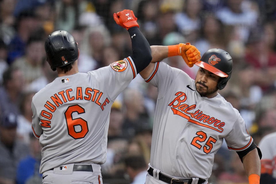 Baltimore Orioles' Ryan Mountcastle (6) celebrates with teammate Anthony Santander after hitting a home run during the sixth inning of a baseball game against the San Diego Padres, Wednesday, Aug. 16, 2023, in San Diego. (AP Photo/Gregory Bull)