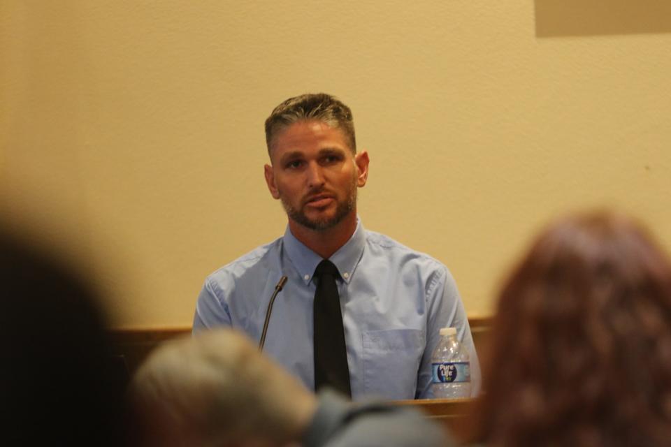 Christopher Murray testifies as his ex-wife Alexis Murray Smith's child abuse trial stemming from the drug overdose death of 12-year-old Brent Sullivan, Sept. 12, 2023 at the Eddy County District Court.