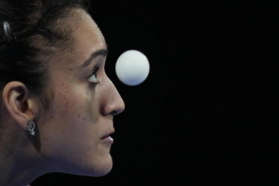 India's Manika Batra competes against South Africa's Musfiquh Kalam during the women's team table tennis competition Commonwealth Games in Birmingham, England, Friday, July 29, 2022. (AP Photo/Alastair Grant)