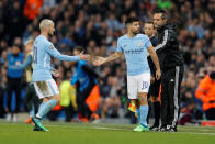 <p>Soccer Football – Champions League Quarter Final Second Leg – Manchester City vs Liverpool – Etihad Stadium, Manchester, Britain – April 10, 2018 Manchester City’s Sergio Aguero comes on as a substitute to replace David Silva REUTERS/Darren Staples </p>