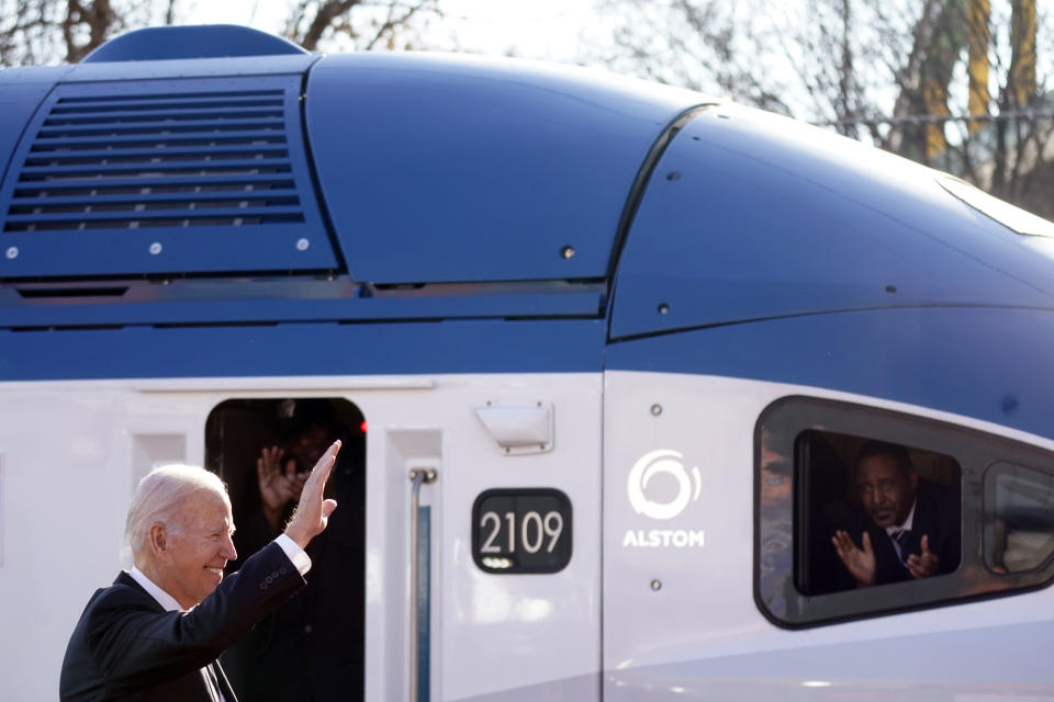 President Joe Biden waves after speaking about infrastructure at the Baltimore and Potomac Tunnel North Portal in Baltimore, Monday, Jan. 30, 2023. (AP Photo/Andrew Harnik)