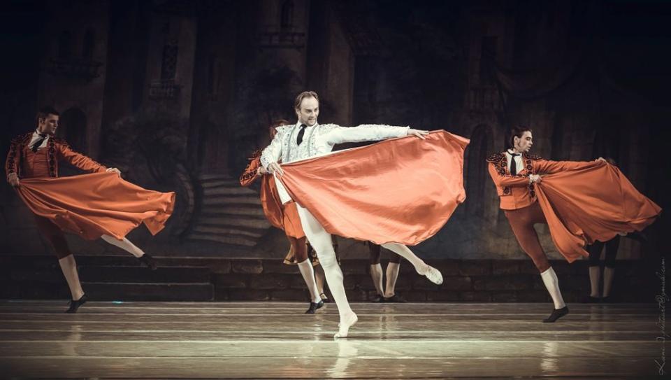 Ukrainian ballet dancer Oleksandr Shapoval plays the role of Espada from "Don Quixote" on the stage of Ukraine's National Opera and Ballet Theater in Kyiv. (National Opera)