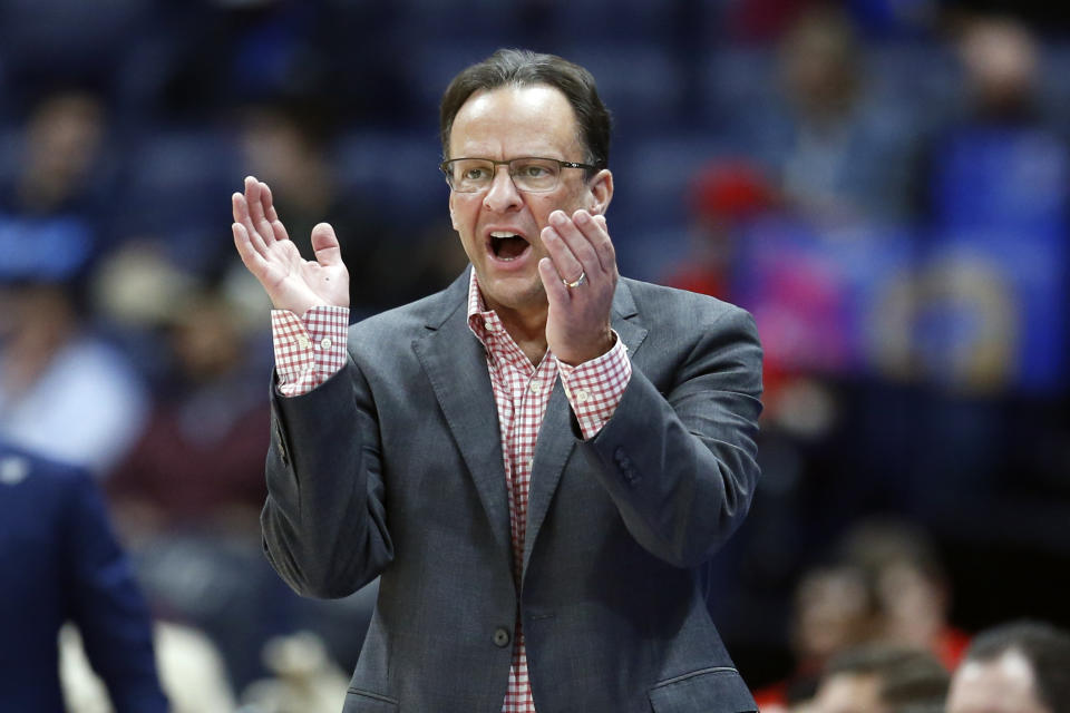 Georgia head coach Tom Crean yells to his players in the first half of an NCAA college basketball game against Mississippi in the Southeastern Conference Tournament Wednesday, March 11, 2020, in Nashville, Tenn. (AP Photo/Mark Humphrey)