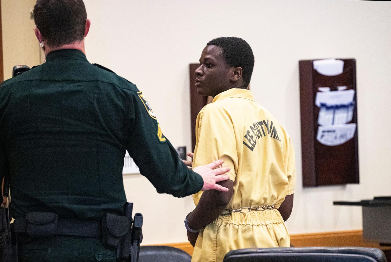 Christopher Horne, 16, exits a Lee County courtroom after a pretrial detention motion on Thursday, May 9, 2024. He has been arrested in connection with the murder of Kayla Rincon-Miller, 15,. Lee County Judge Nicholas Thompson ruled that he will be held without bond after testimony from a Cape Coral detective.