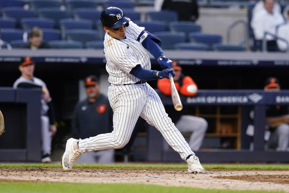 New York Yankees' Jose Trevino hits a home run against the Baltimore Orioles during the third inning of a baseball game Tuesday, May 24, 2022, in New York. (AP Photo/Frank Franklin II)