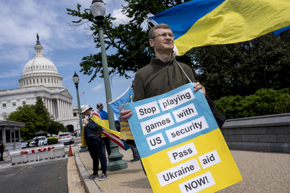 Activists supporting Ukraine demonstrate outside the Capitol in Washington, Saturday, April 20, 2024, as the House prepares to vote on approval of $95 billion in foreign aid for Ukraine, Israel and other U.S. allies. (AP Photo/J. Scott Applewhite)