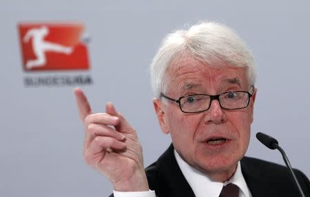 President of the German Soccer Federation (DFL) Reinhard Rauball gestures during a news conference after the DFL meeting in Frankfurt December 12, 2012. REUTERS/Lisi Niesner