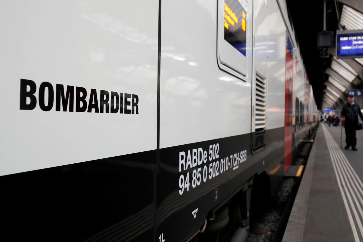 The Bombardier FV-Dosto double-deck train "Ville de Geneve" of Swiss railway operator SBB is seen at the central station in Zurich, Switzerland April 29, 2019. REUTERS/Arnd Wiegmann