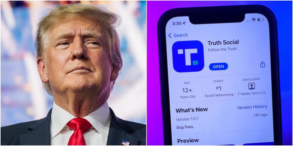 Donald Trump (left) and a phone displaying his social media app, Truth Social.