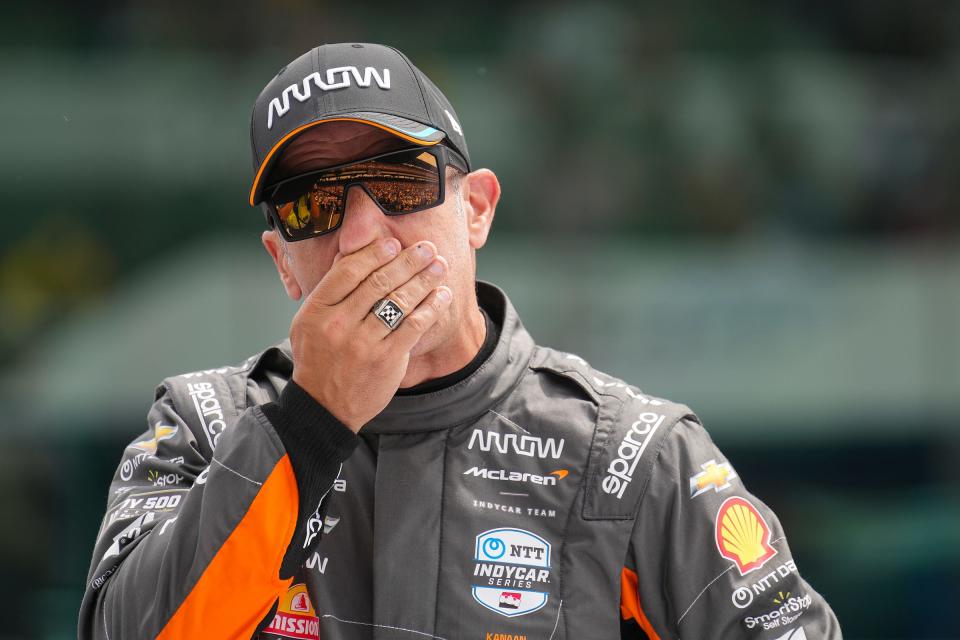 Arrow McLaren SP driver Tony Kanaan (66) tears up after watching a farewell video Sunday, May 28, 2023, before his final Indianapolis 500 at Indianapolis Motor Speedway. 