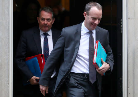 Britain's Secretary of State for Exiting the EU Dominic Raab, followed by Secretary of State for International Trade Liam Fox leave 10 Downing Street, in London, Britain October 16, 2018. REUTERS/Hannah McKay