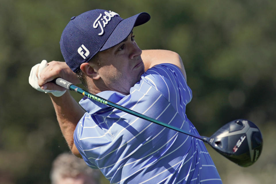 Justin Thomas hits his tee shot on the 17th hole during the Genesis Invitational pro-am golf event at Riviera Country Club, Wednesday, Feb. 12, 2020, in the Pacific Palisades area of Los Angeles. (AP Photo/Ryan Kang)