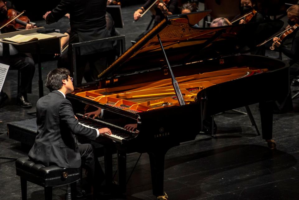 Christopher Richardson performs Beethoven’s Concerto No. 4 in G major during the Waring International Piano Competition at the McCallum Theatre in Palm Desert, Calif., Monday, April 18, 2022. 