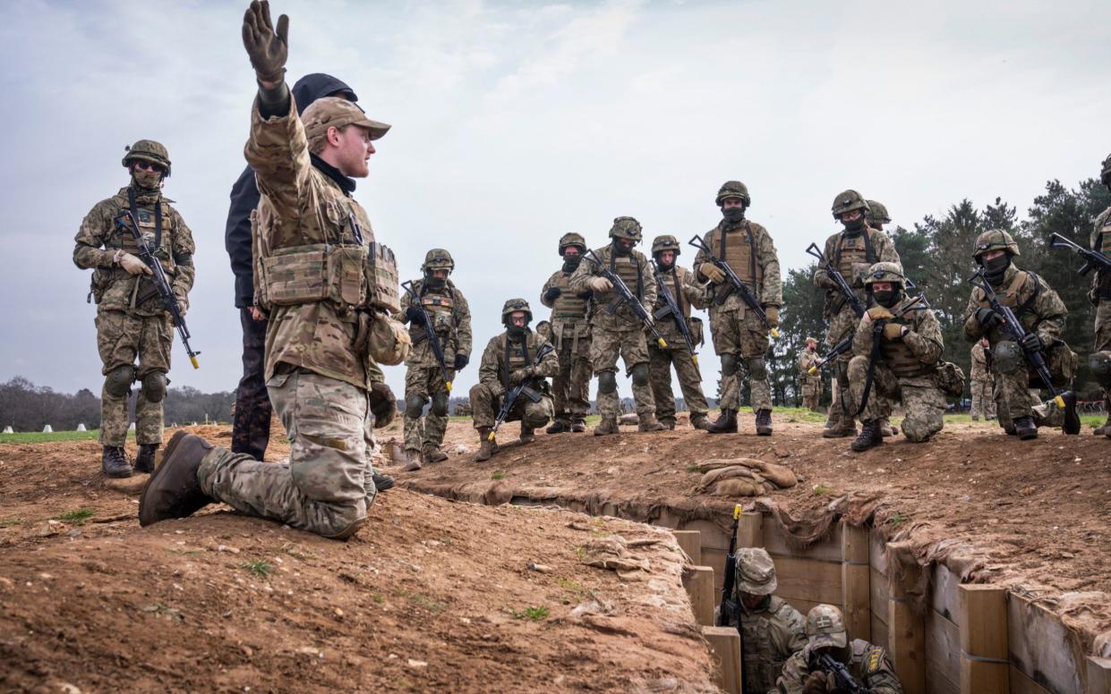 Photo by EPA-EFE/Shutterstock (14389270r) Danish instructors train Ukrainian recruits in an area of Eastern England, Britain, 14 March 2024. The Ukrainian soldiers are, among other things, being trained in trench warfare. Russian troops entered Ukraine in February 2022 starting a conflict that has provoked destruction and a humanitarian crisis. Danish instructors train Ukrainian recruits in England, United Kingdom - 14 Mar 2024