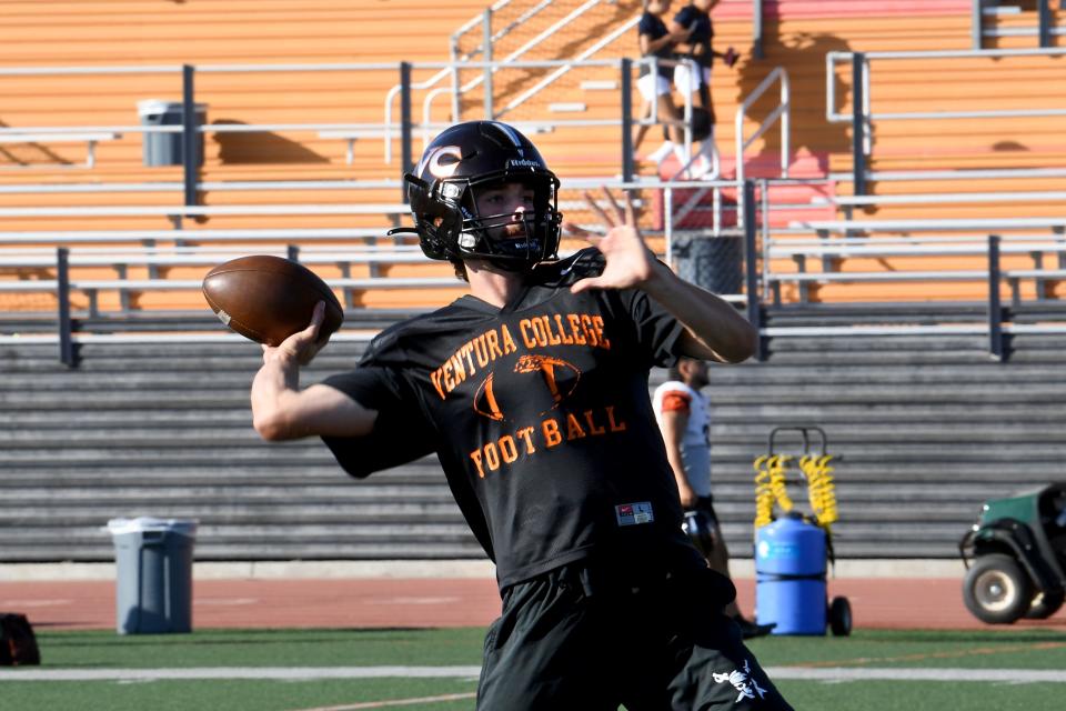 Quarterback Braden Siri is ready to fire a pass downfield during a Ventura College football team practice on Wednesday, Aug. 31, 2022. The Pirates open their season against rival Moorpark College at home on Saturday night.