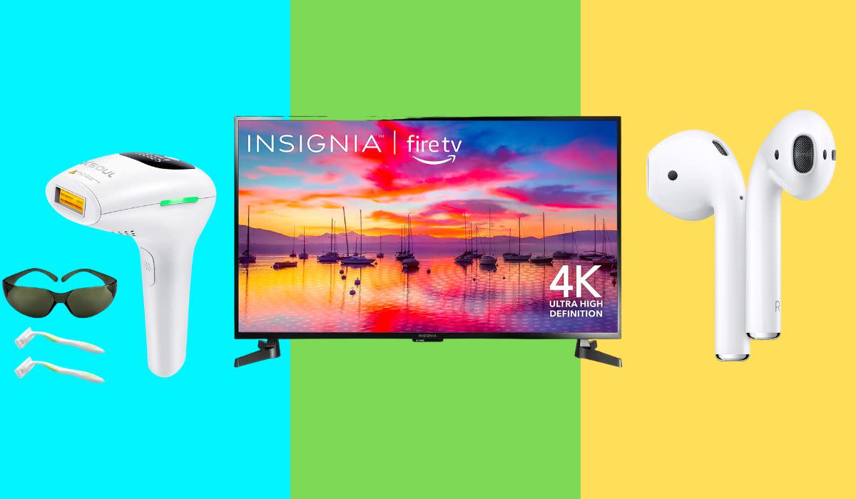 laser hair removal gun, smart tv, and white earbuds 