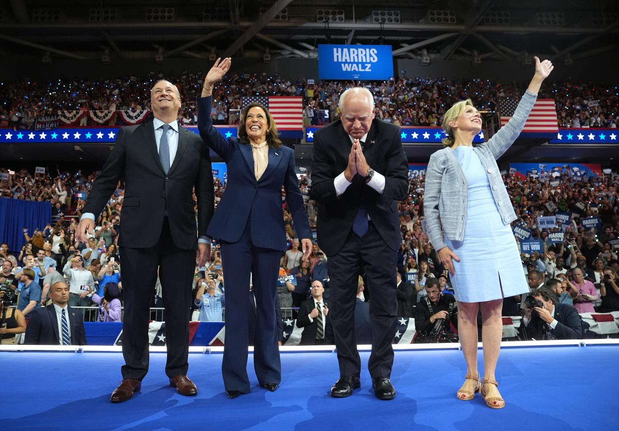 Second gentleman Doug Emhoff, Democratic presidential candidate, U.S. Vice President Kamala Harris, Democratic vice presidential candidate Minnesota Gov. Tim Walz and his wife Gwen Walz..