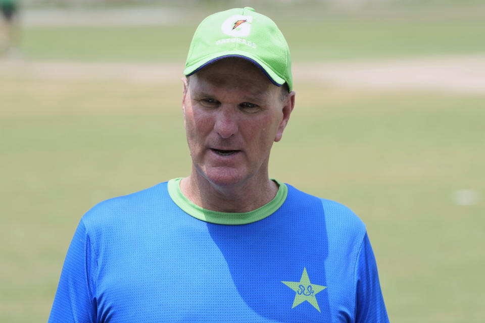 Pakistan's men cricket team head coach Grant Bradburn talks to reporters in Lahore, Pakistan, Wednesday, Aug. 16, 2023. (AP Photo/K.M. Chaudary)