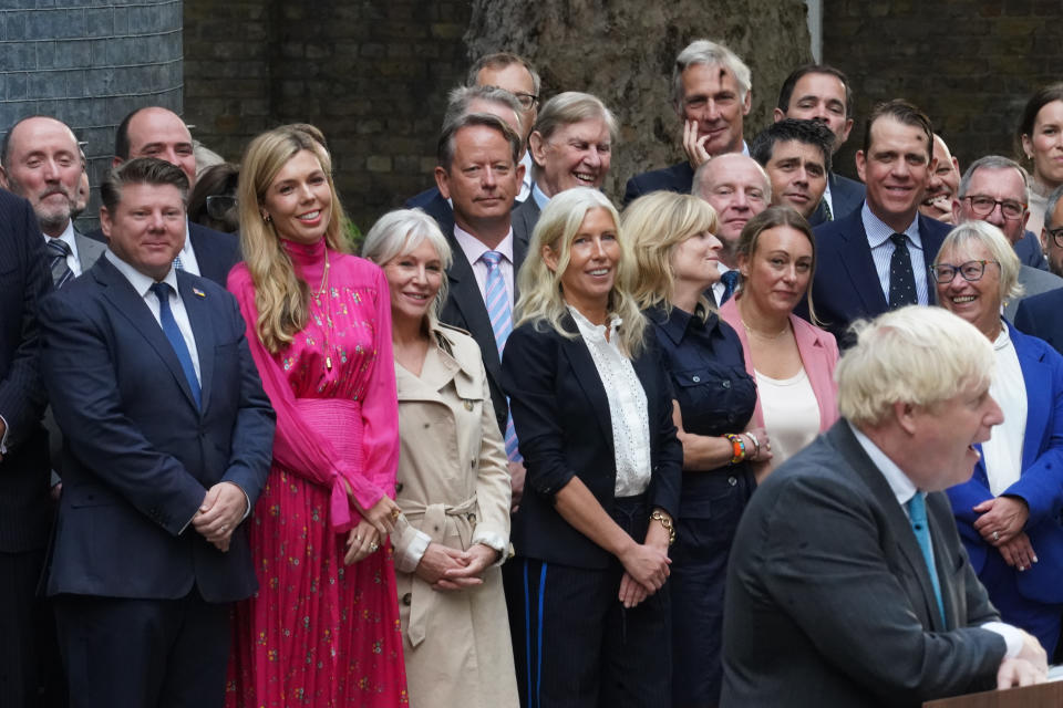 Carrie Johnson, Nadine Dorries and Rachel Johnson watch as outgoing Prime Minister Boris Johnson makes a speech outside 10 Downing Street, London, before leaving for Balmoral for an audience with Queen Elizabeth II to formally resign as Prime Minister. Picture date: Tuesday September 6, 2022. (Photo by Victoria Jones/PA Images via Getty Images)