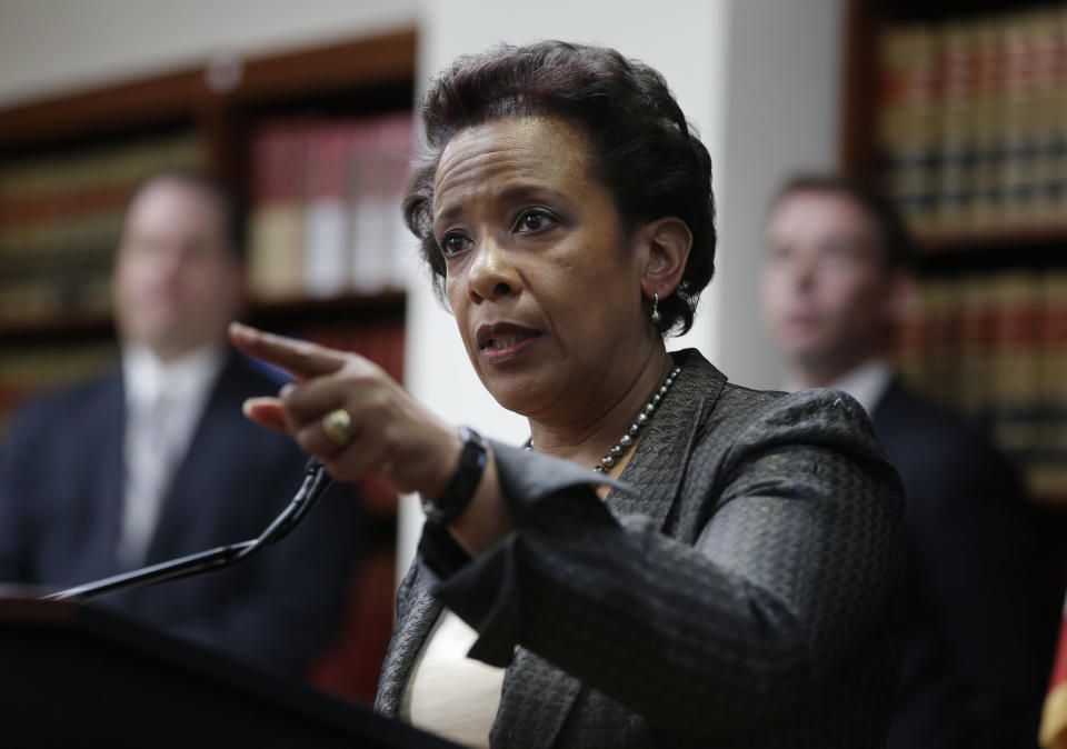 Loretta Lynch, U.S. Attorney for the Eastern District of New York, speaks during a news conference in New York, Monday, April 28, 2014. Lynch announced an indictment against U.S. Rep. Michael Grimm, who was taken into custody Monday to face federal charges following a two-year investigation of his campaign financing. (AP Photo/Seth Wenig)