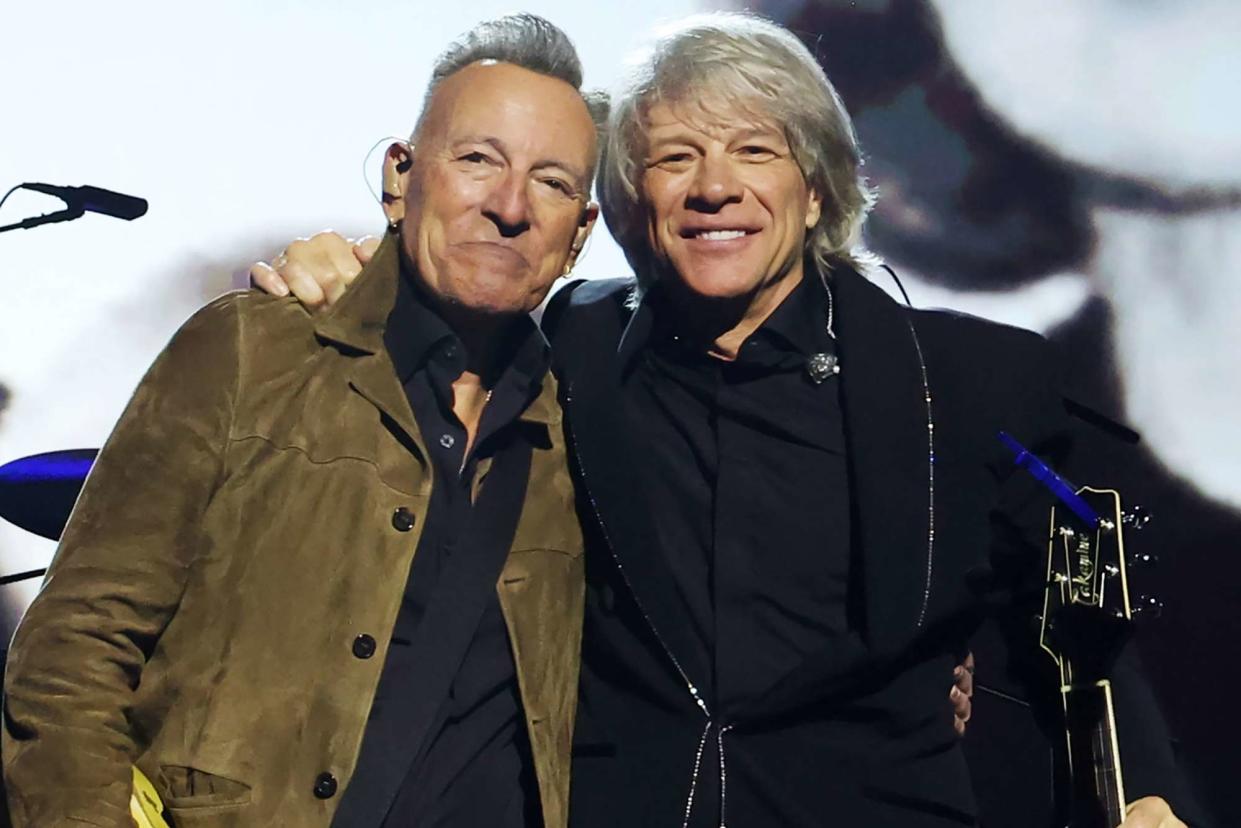 <p>Kevin Mazur/Getty</p> Bruce Springsteen and Jon Bon Jovi in Los Angeles in February 2024