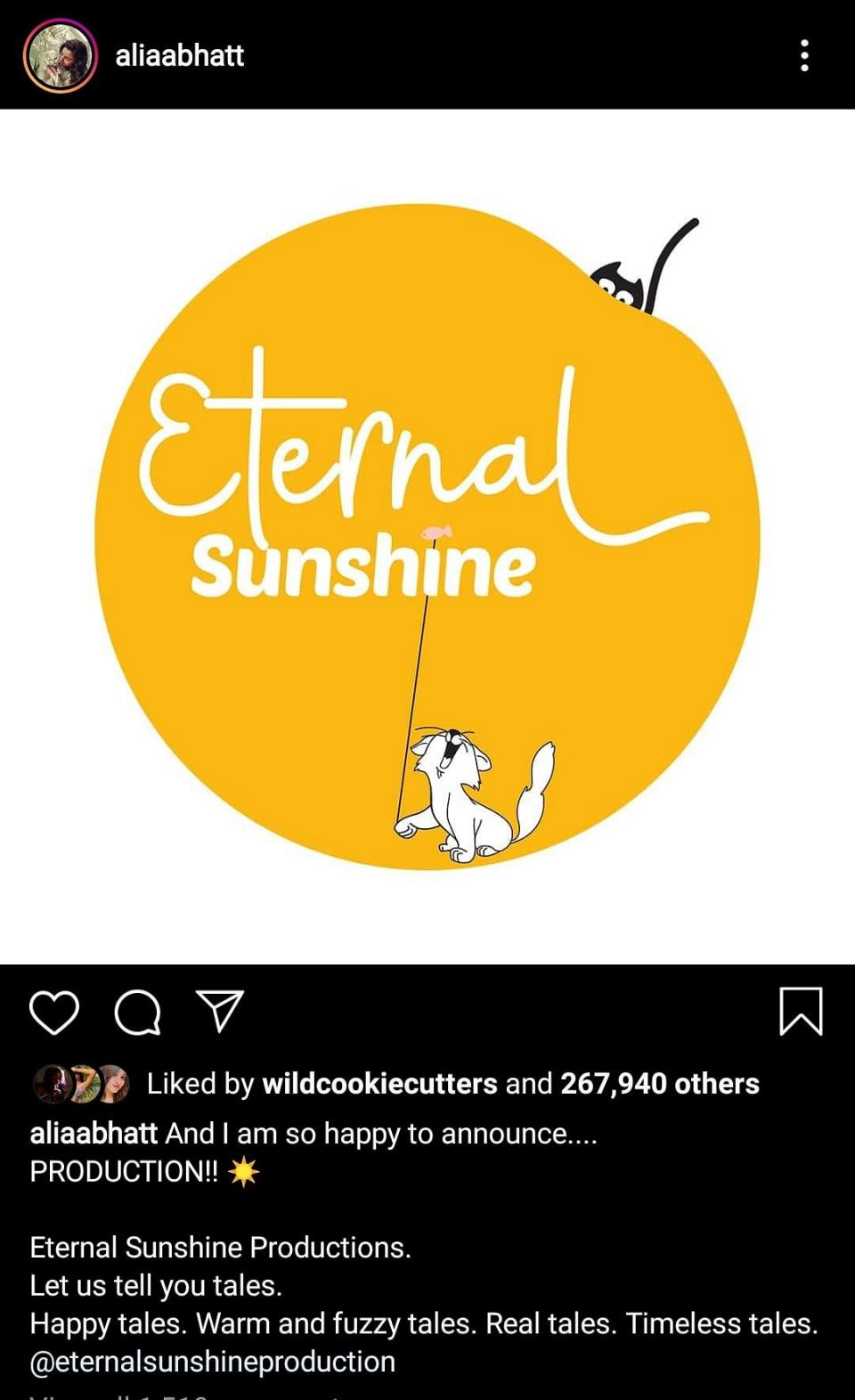 Alia Bhatt announced her new venture Eternal Sunshine Productions