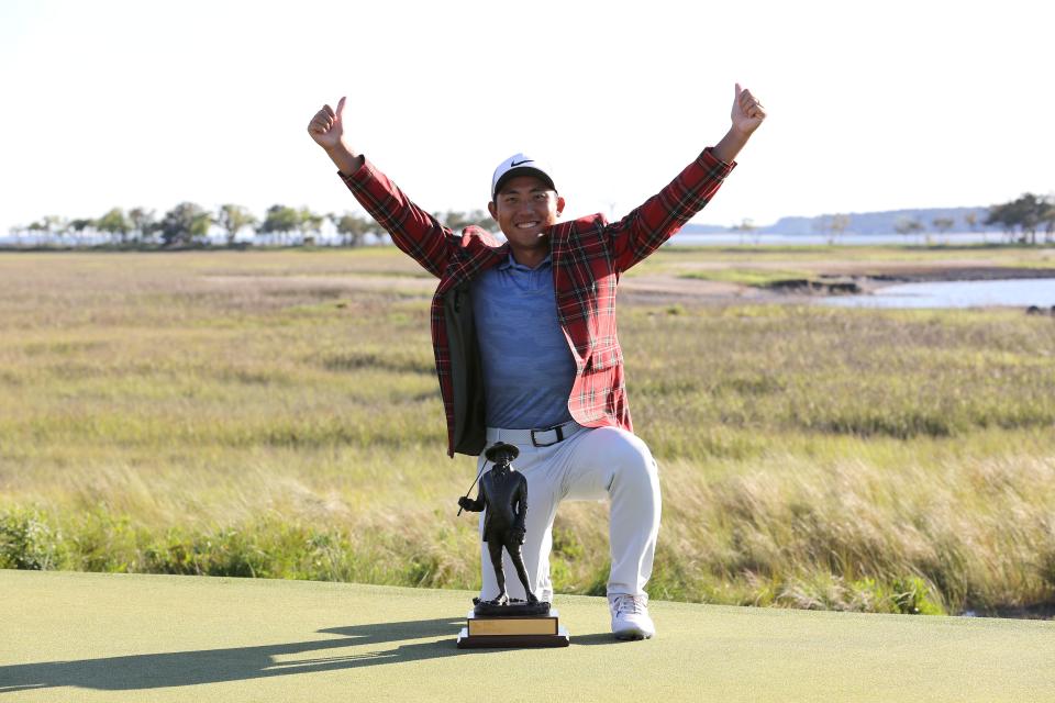 HILTON HEAD ISLAND, SOUTH CAROLINA - APRIL 21: C.T. Pan of Taiwan poses with the trophy after winning the 2019 RBC Heritage at Harbour Town Golf Links on April 21, 2019 in Hilton Head Island, South Carolina. (Photo by Streeter Lecka/Getty Images)